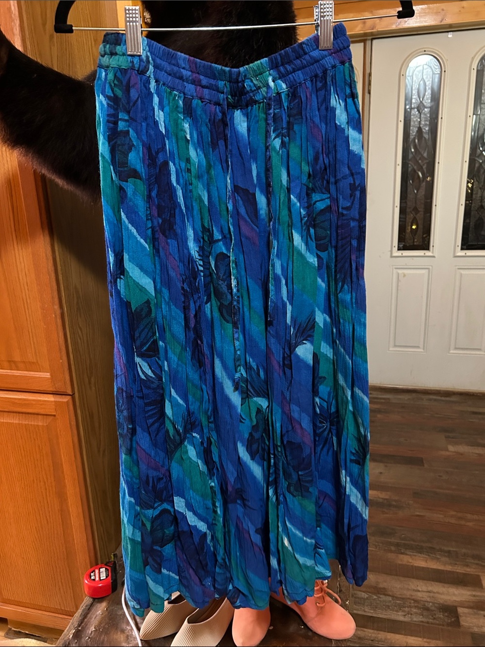 Women's Blue Patterned Maxi Skirt - Classic Elastic Waist